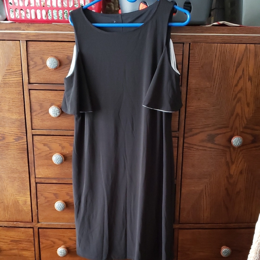 Unbranded Cold Shoulder Black Midi Dress With White Sleeve Accents